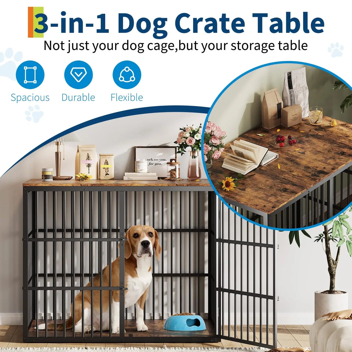HiMISS 3-In-1 Dog Crate Furniture Kennel With Lockable Doors Heavy Duty