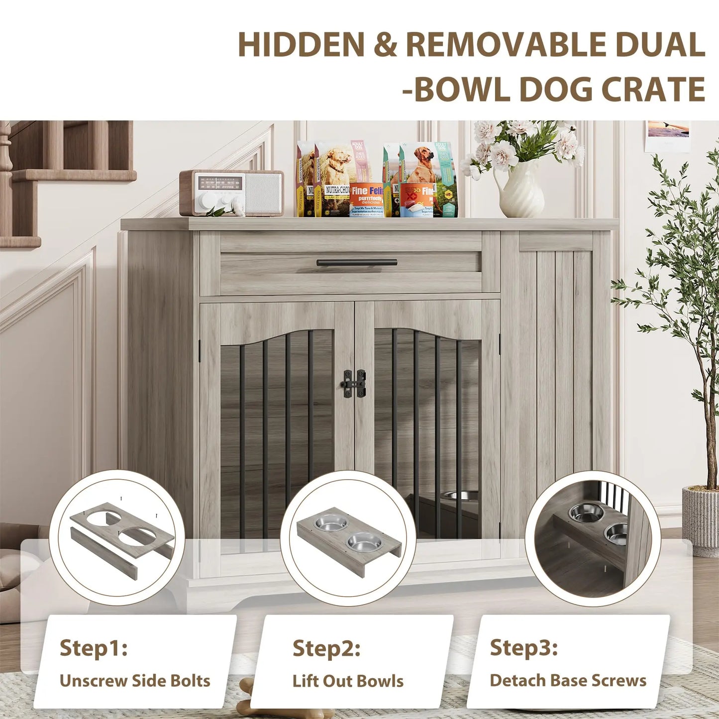HiMISS Heavy Duty Wooden Dog Crate With Drawer Storage Feeding Station