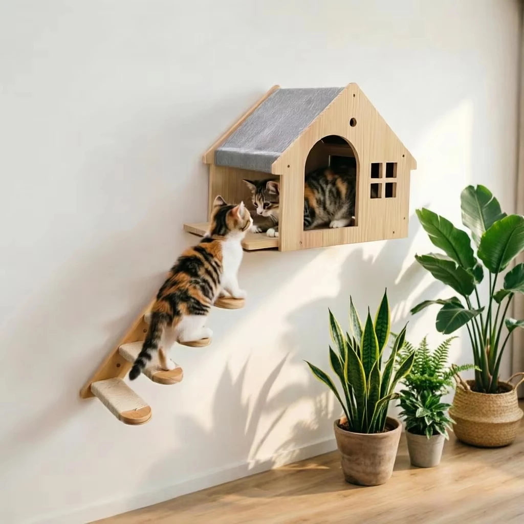 Wall Mounted Wooden Cat Villa Shelf Furniture For Sleeping