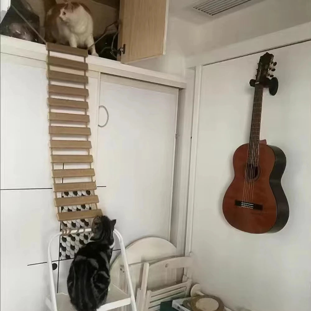 Wooden Sisal Cat Bridge Ladder Scratcher Platform And Toy Set