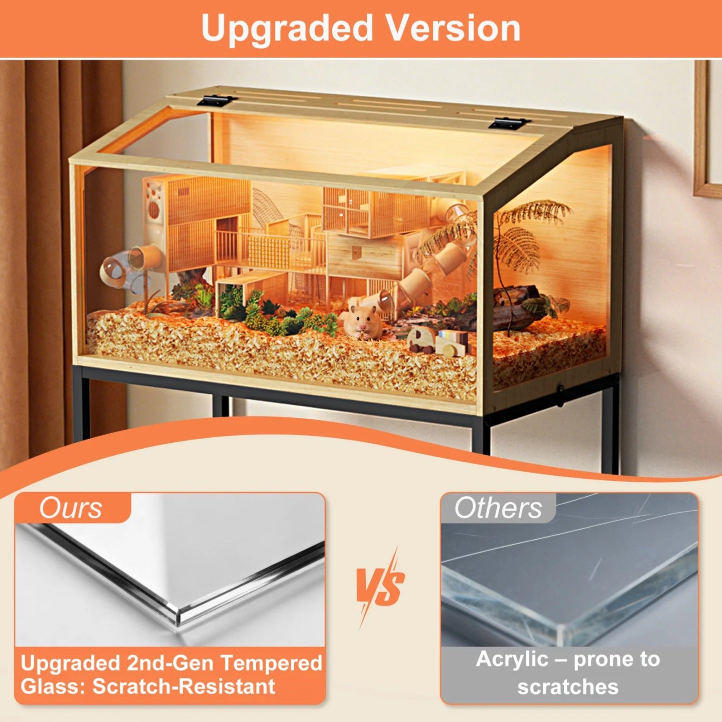 Wooden Small Pet Cage With Tempered Glass Panels And Led Light