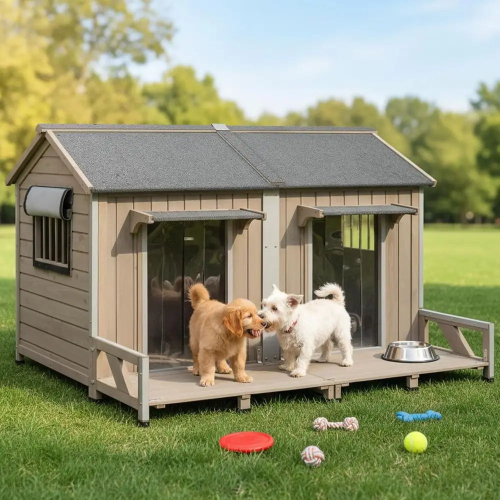 Weather Resistant Outdoor Wooden Dog House Two Doors Secure Enclosure
