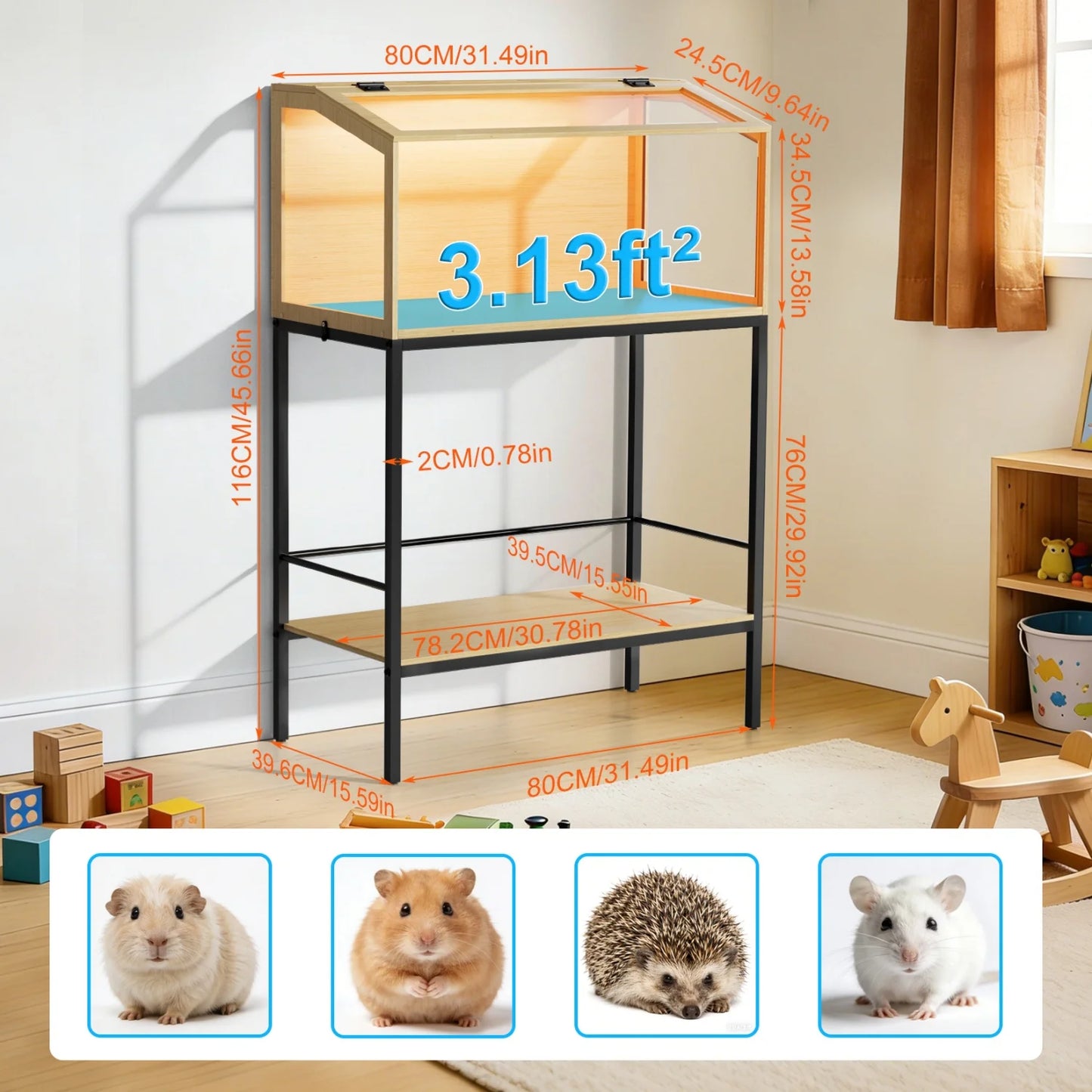 Wooden Small Pet Cage With Tempered Glass Panels And Led Light