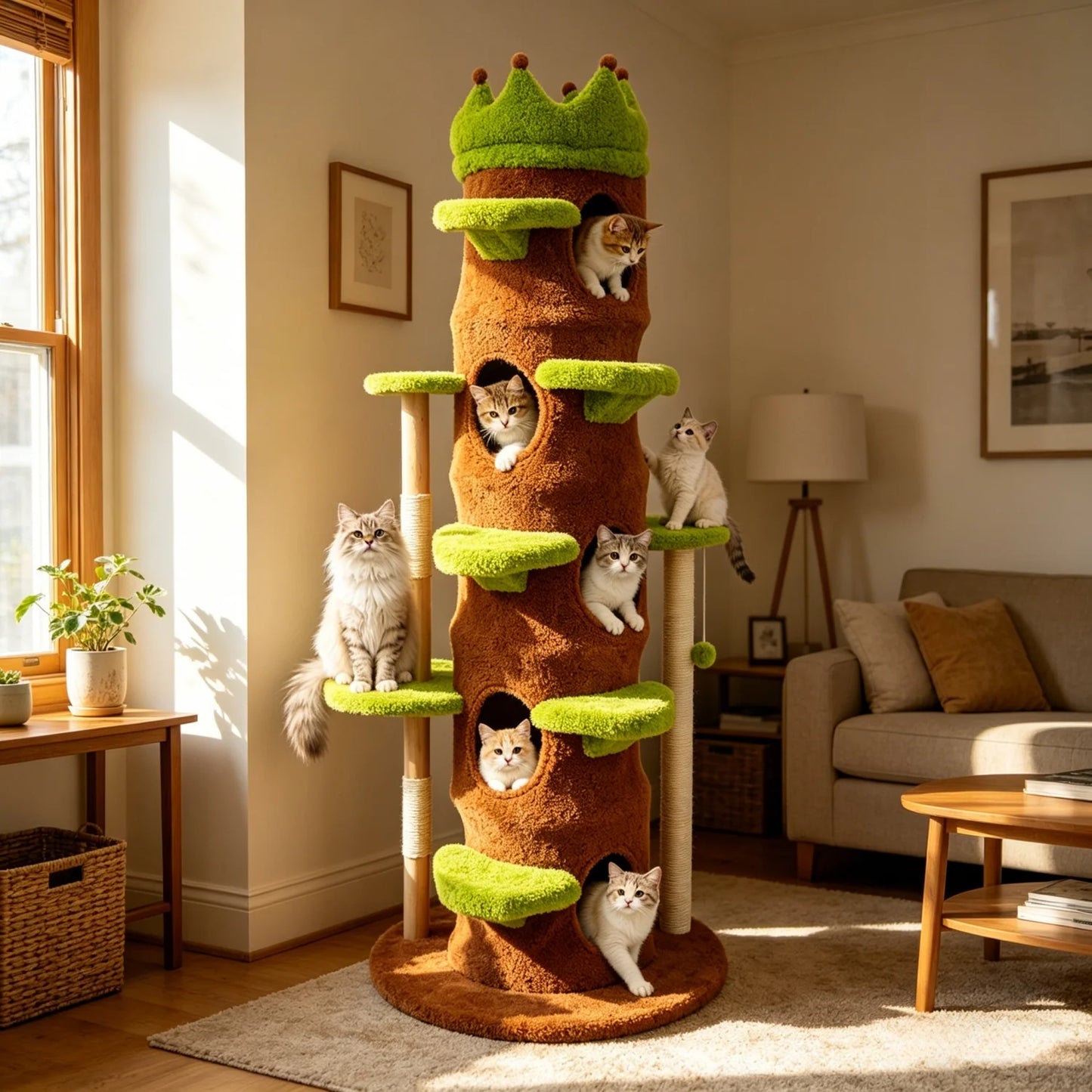Wooden Cat Tree Tower With Crown Perch And Plush Steps