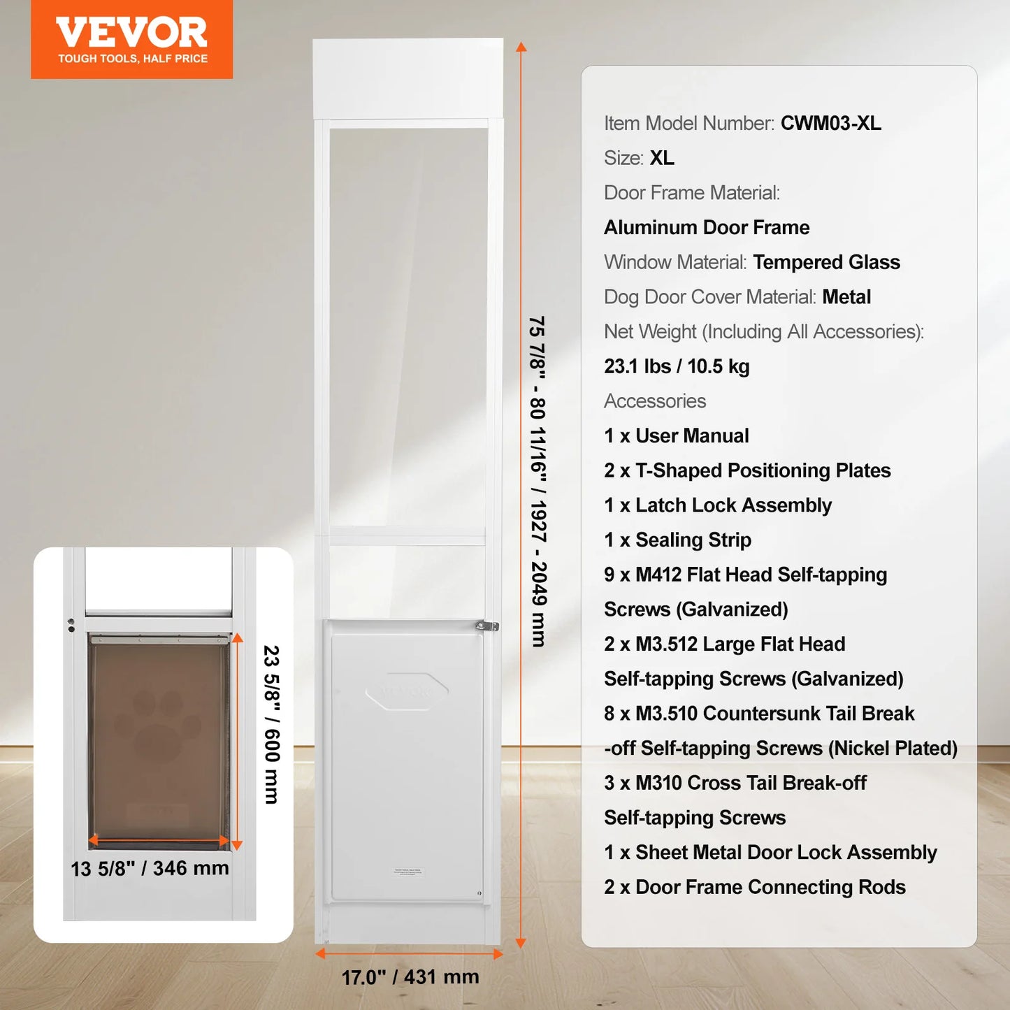 Adjustable Aluminum Sliding Glass Dog Door With Tempered Glass Panel