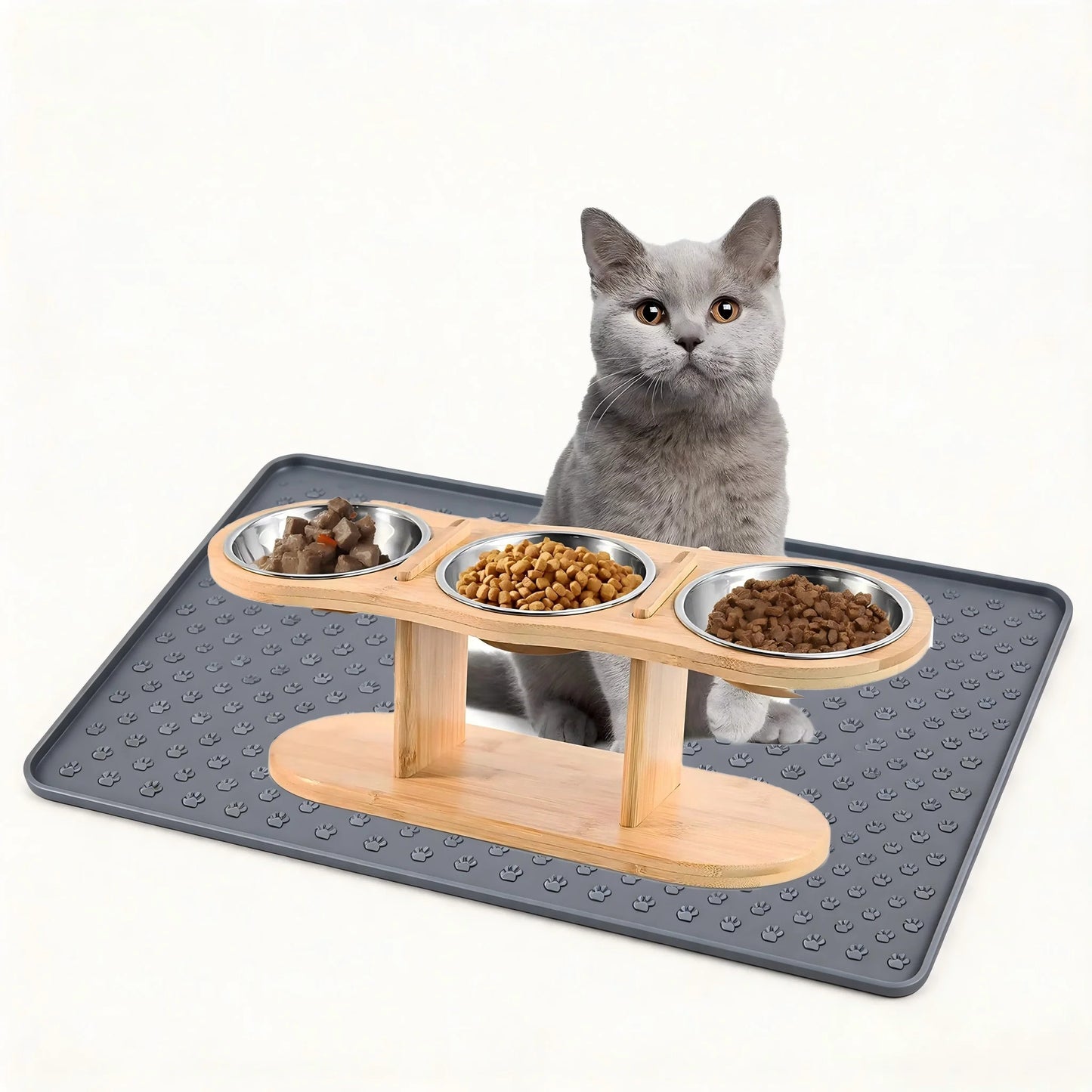 Elevated Cat Feeder With 3 Stainless Steel Bowls Wood Stand