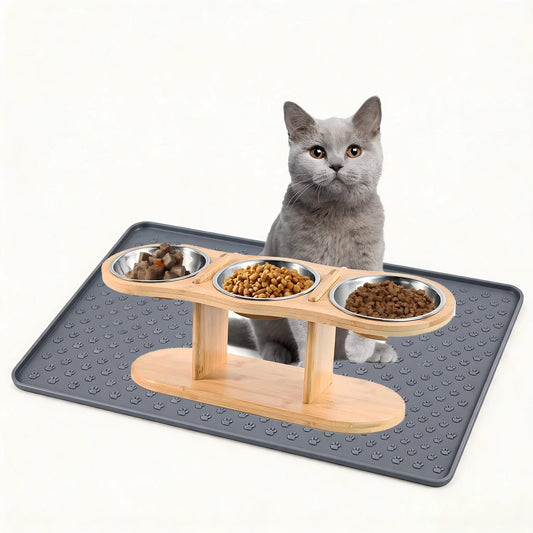 Elevated Cat Feeder With 3 Stainless Steel Bowls Wood Stand