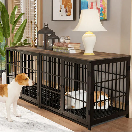 Furniture Style Dog Crate End Table With Three Doors In Metal And Wood