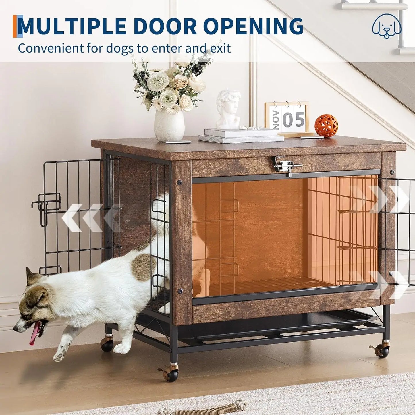 TWISTER.CK Wooden Dog Crate Furniture With Removable Tray And Wheels
