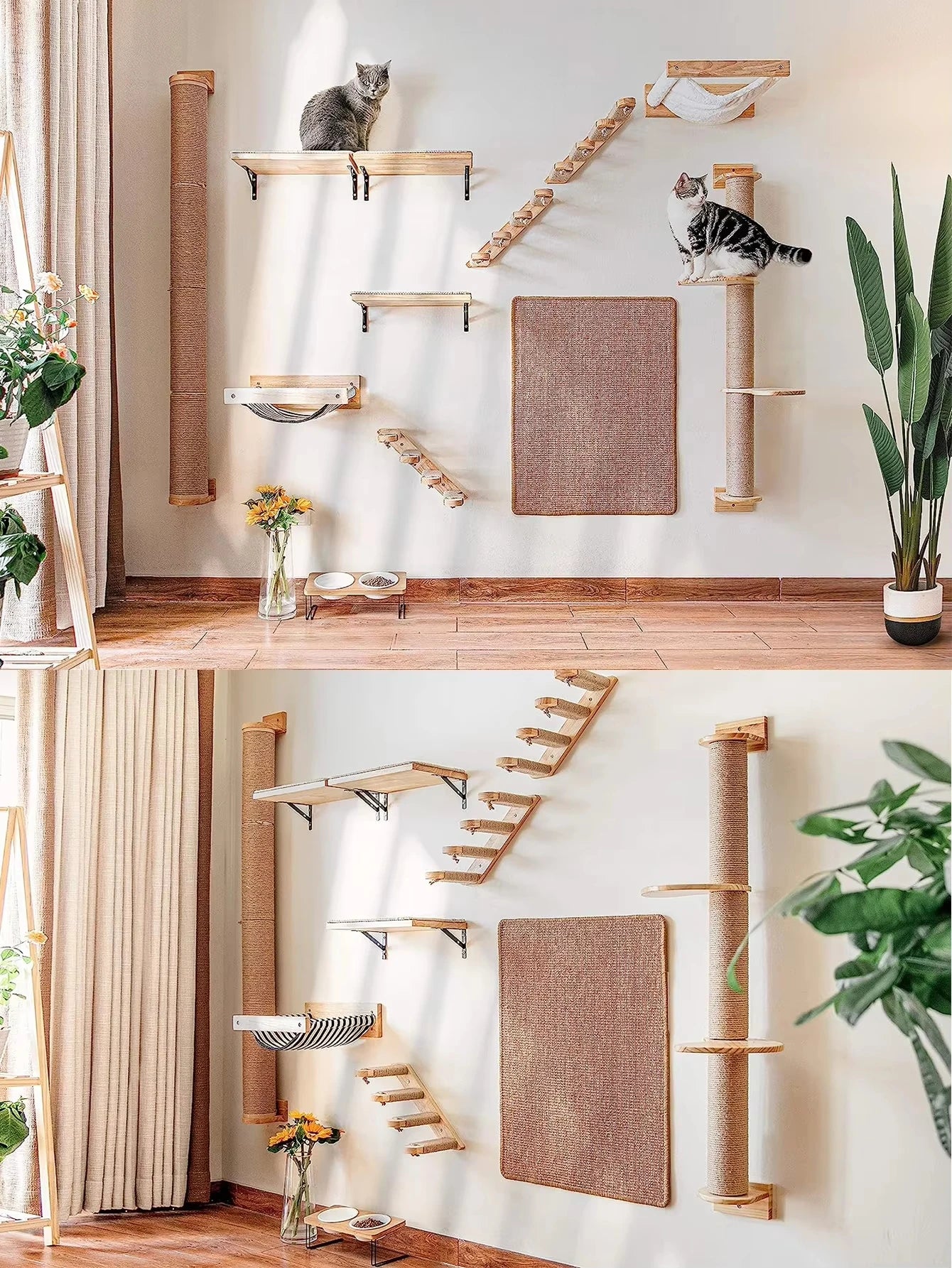 Sisal Wall Mounted Cat Tree Featuring Dual Perches And Hammock