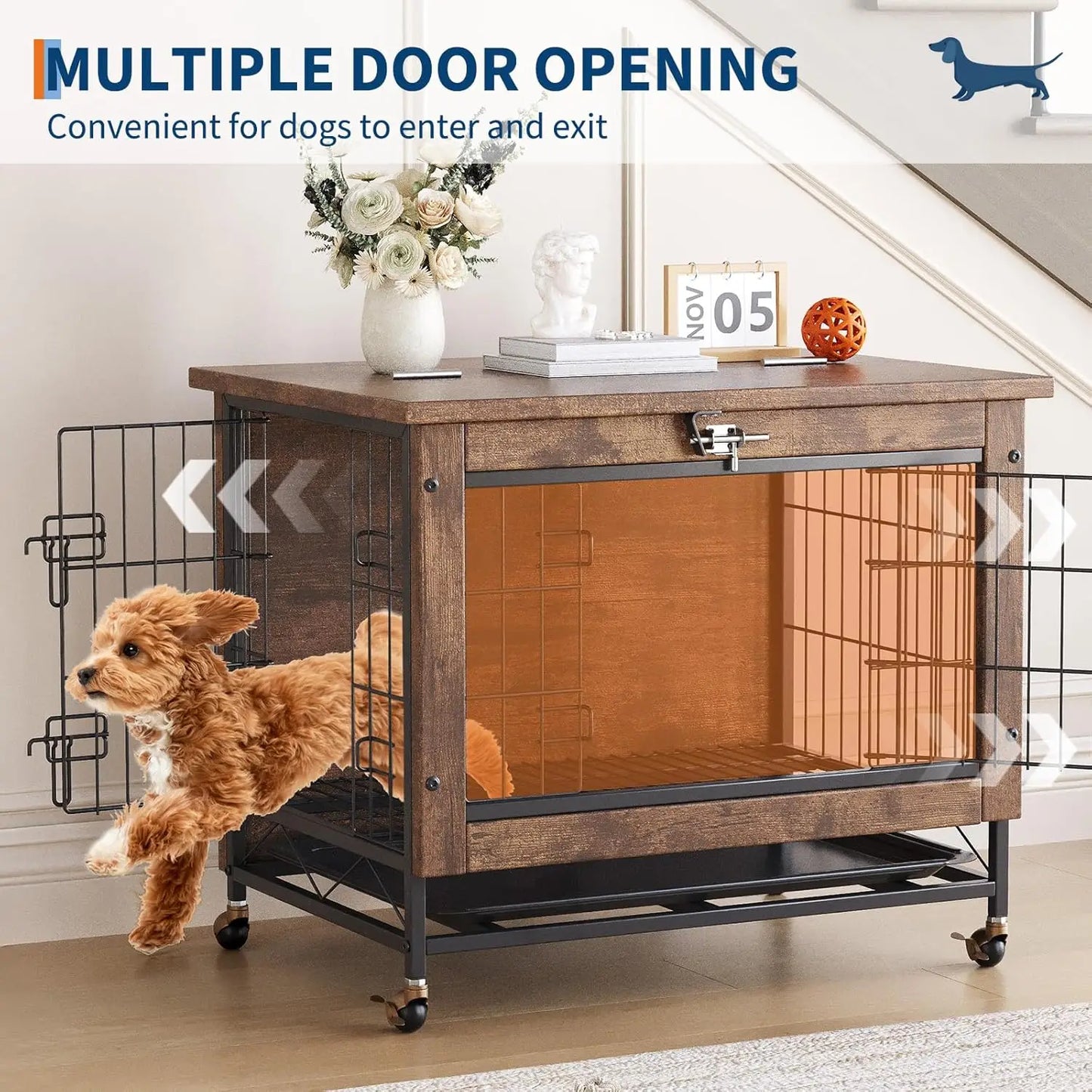 HiMISS Dog Crate Furniture With Wheels And Dual Doors