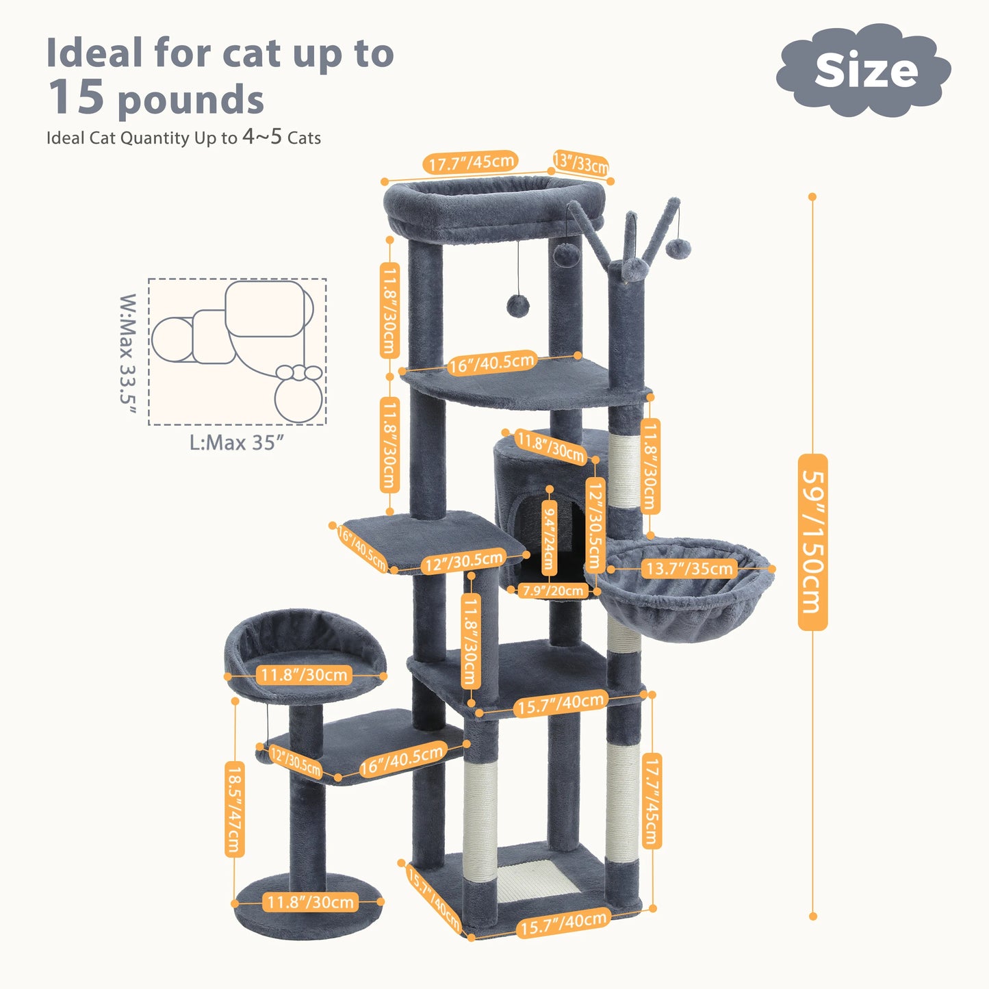 PEQULTI Multi-Level Cat Tree With Scratching Posts And Hammock