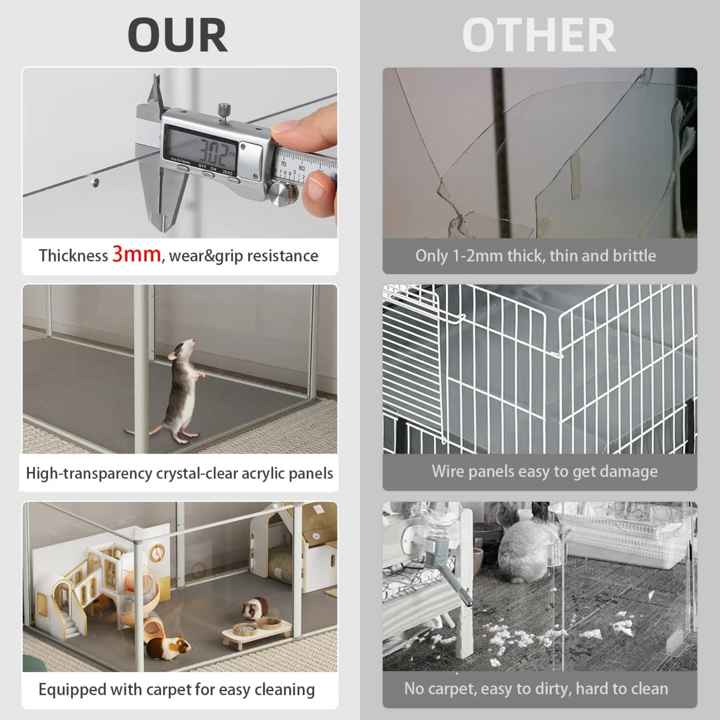 Six Panel Acrylic Hamster Playpen Indoor Enclosure With Waterproof Mat