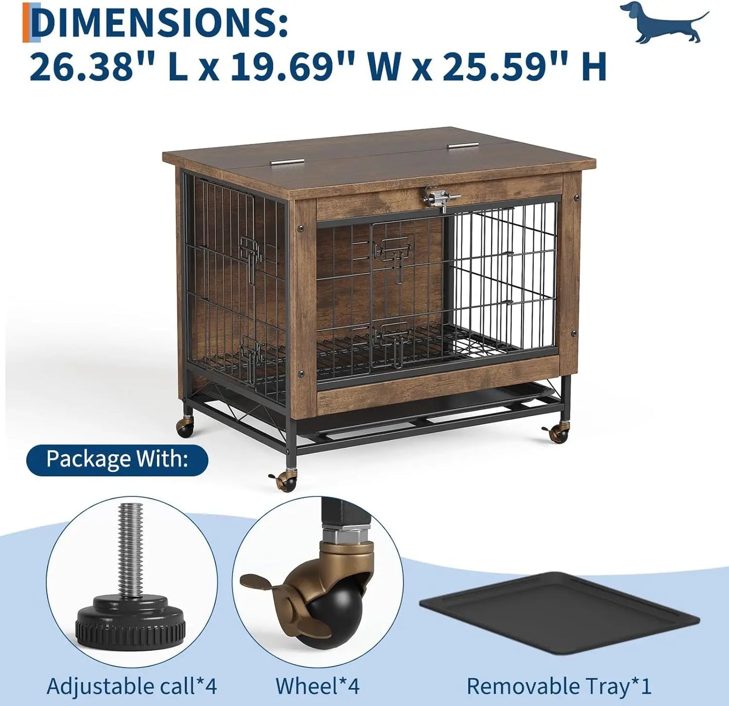 TWISTER.CK Wooden Dog Crate Furniture With Removable Tray And Wheels