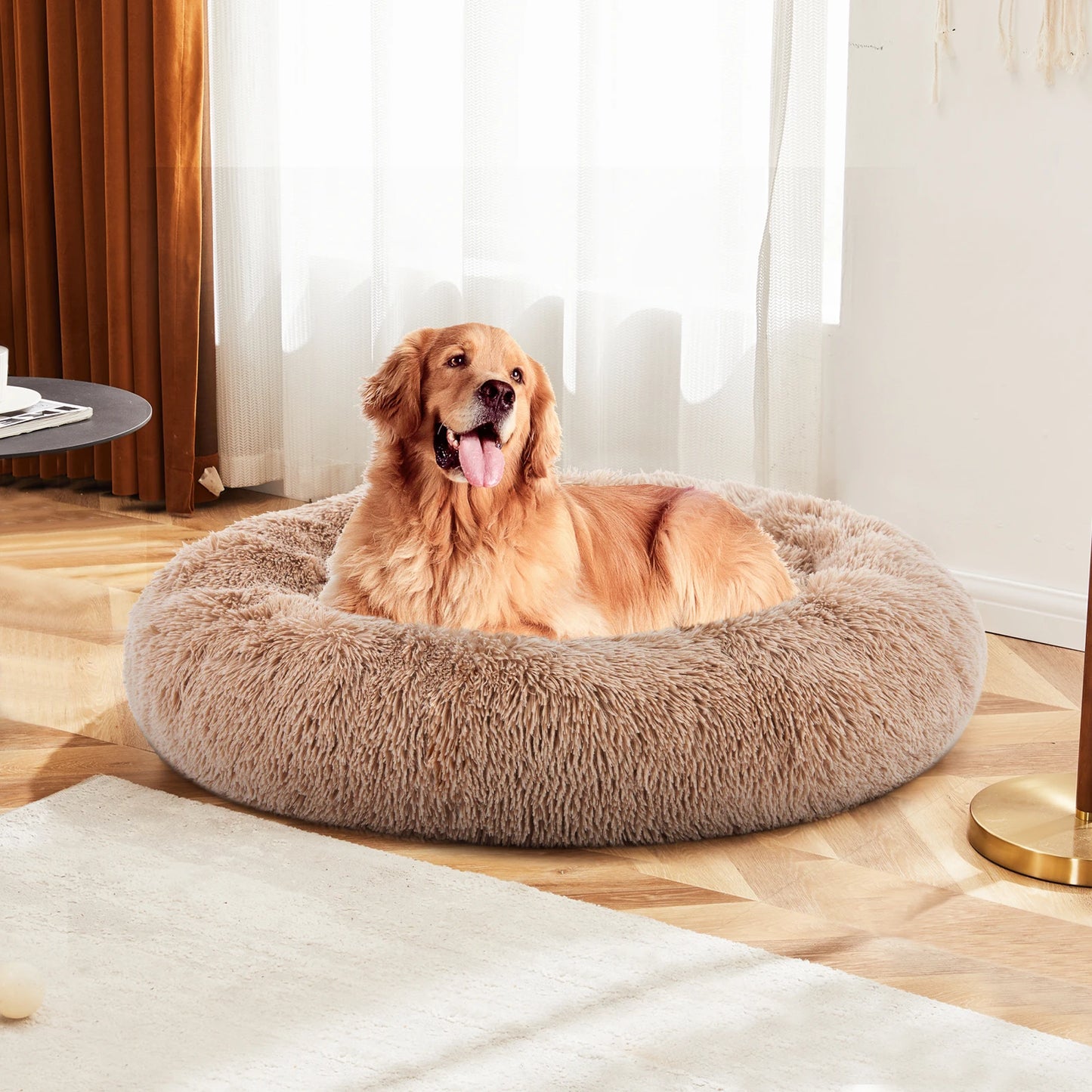 MCQ Round Faux Fur Plush Dog Bed With Antislip Bottom