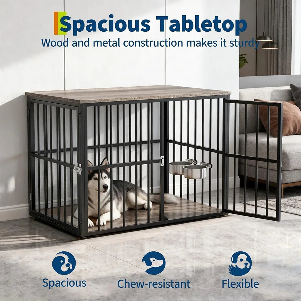 HiMISS Wooden Pet Cage Side Table Dog Crate Double Door