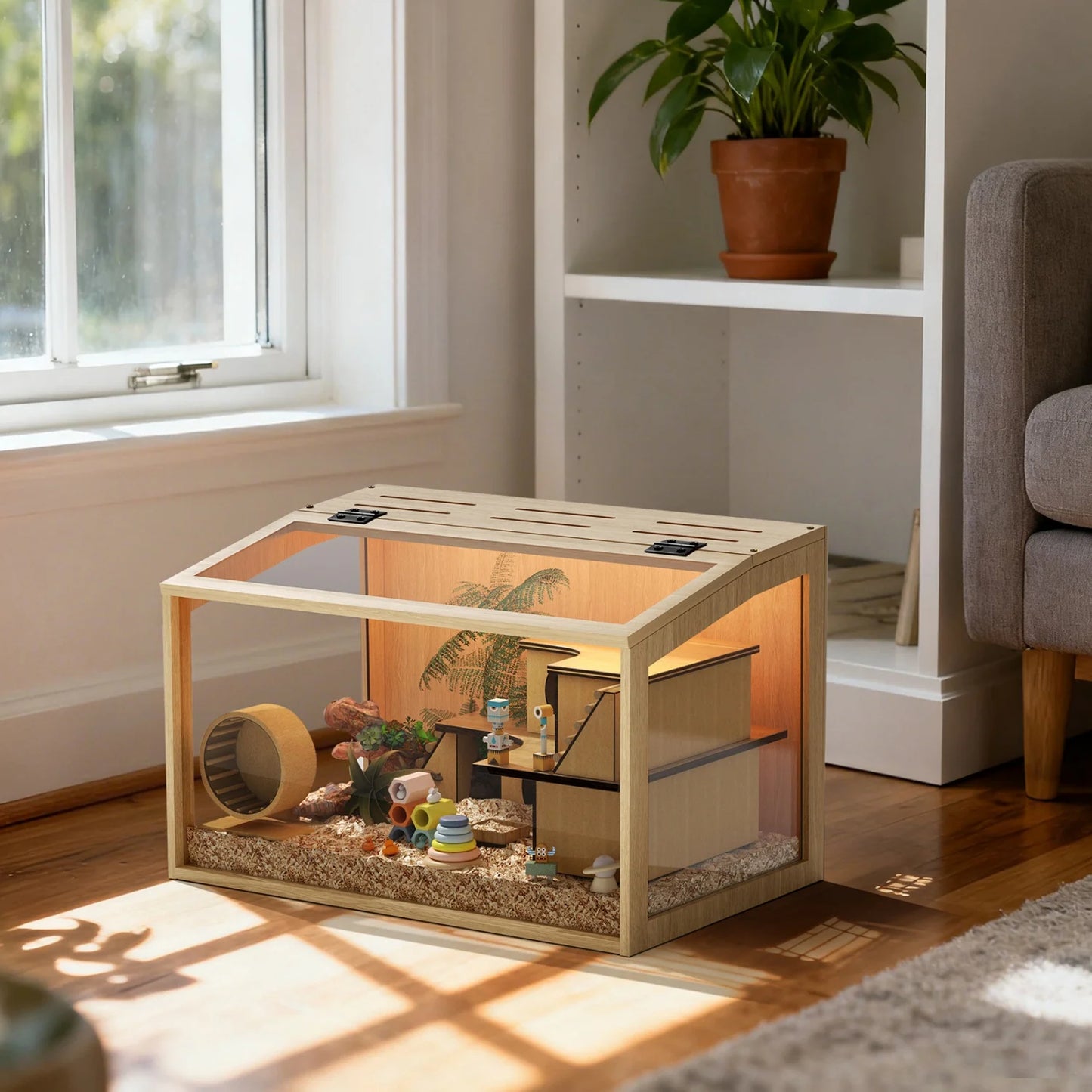 Natural Wooden Hamster Cage With LED Lighting Tabletop Pet Habitat