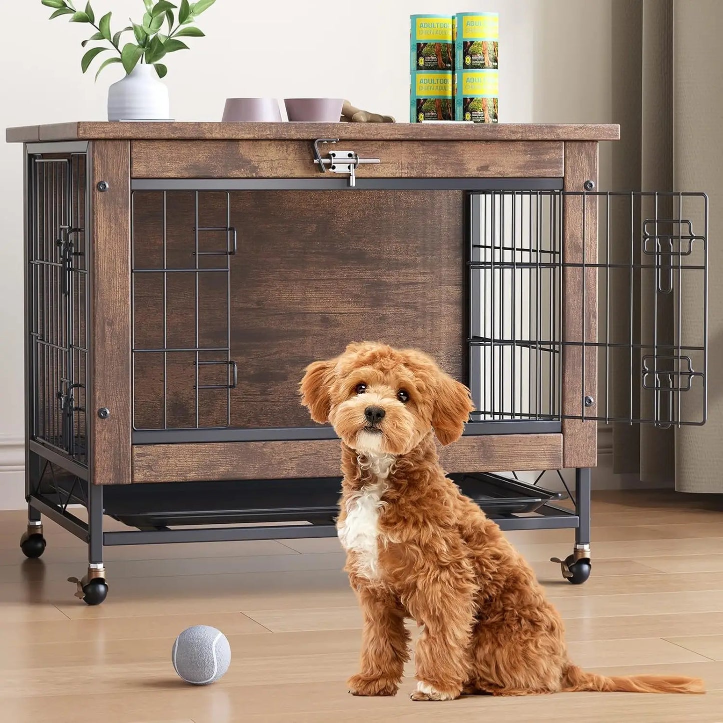 TWISTER.CK Wooden Dog Crate Furniture With Removable Tray And Wheels