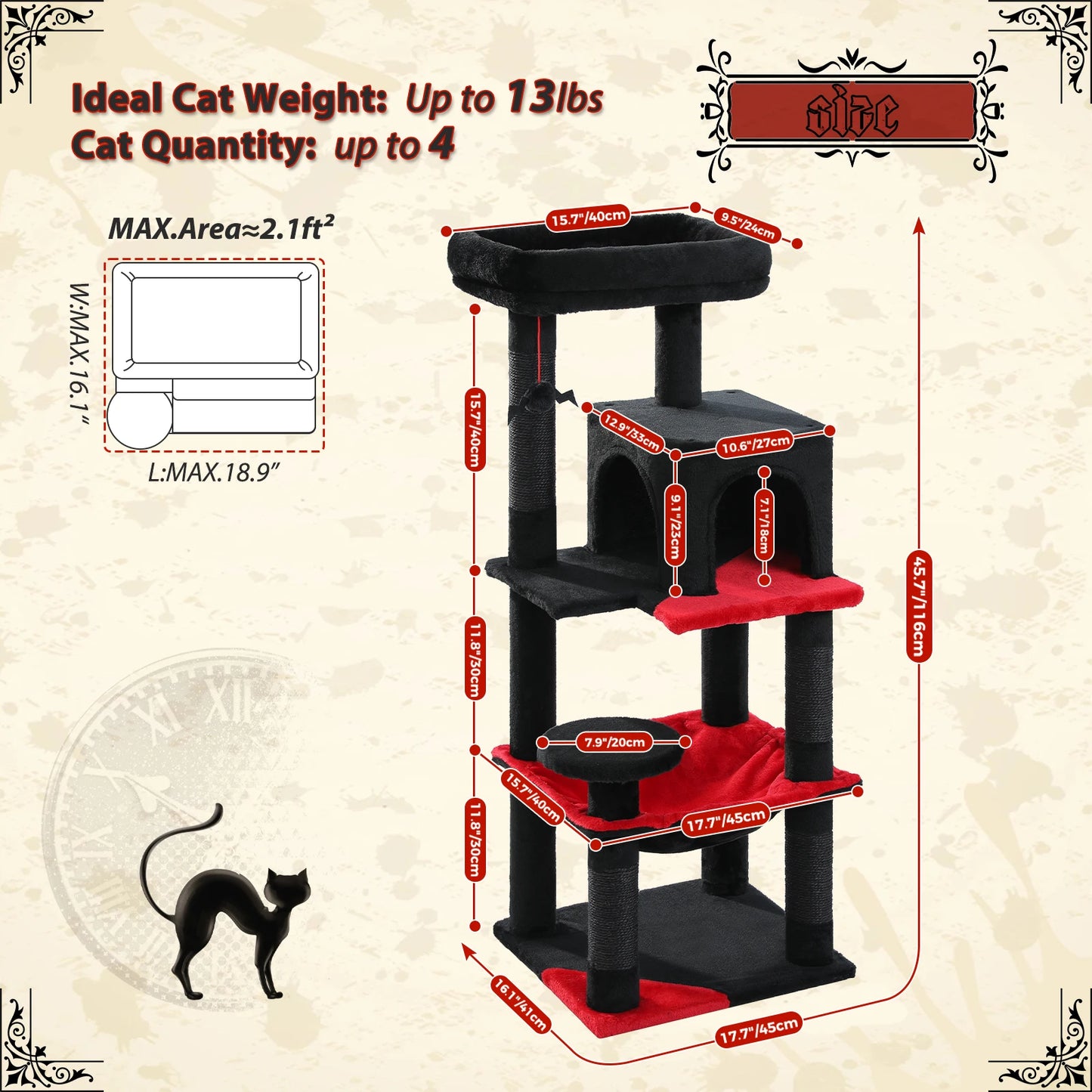 PAWZ Road Gothic Cat Tree Indoor Cats Tall Tower Hammock