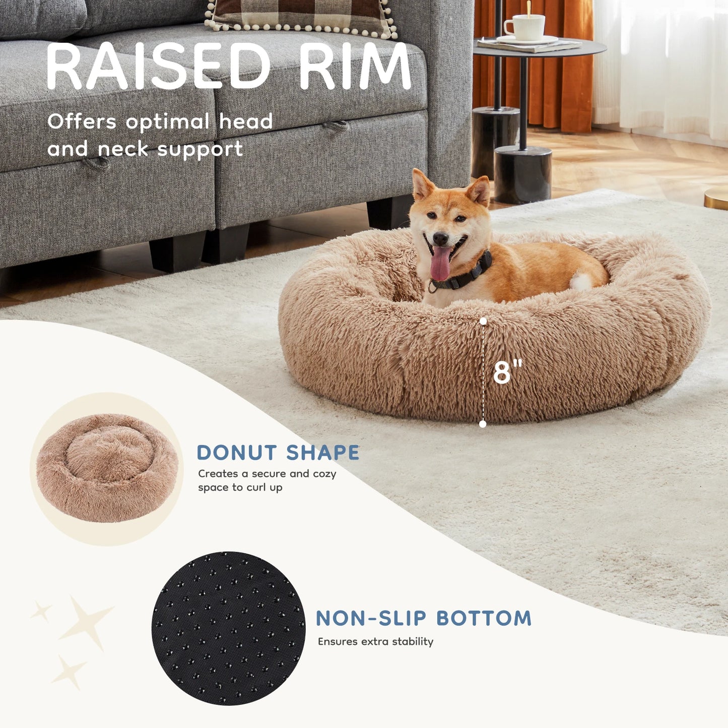 MCQ Round Faux Fur Plush Dog Bed With Antislip Bottom