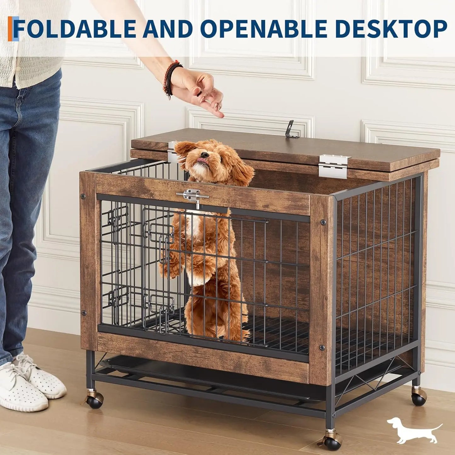 HiMISS Dog Crate Furniture With Wheels And Dual Doors