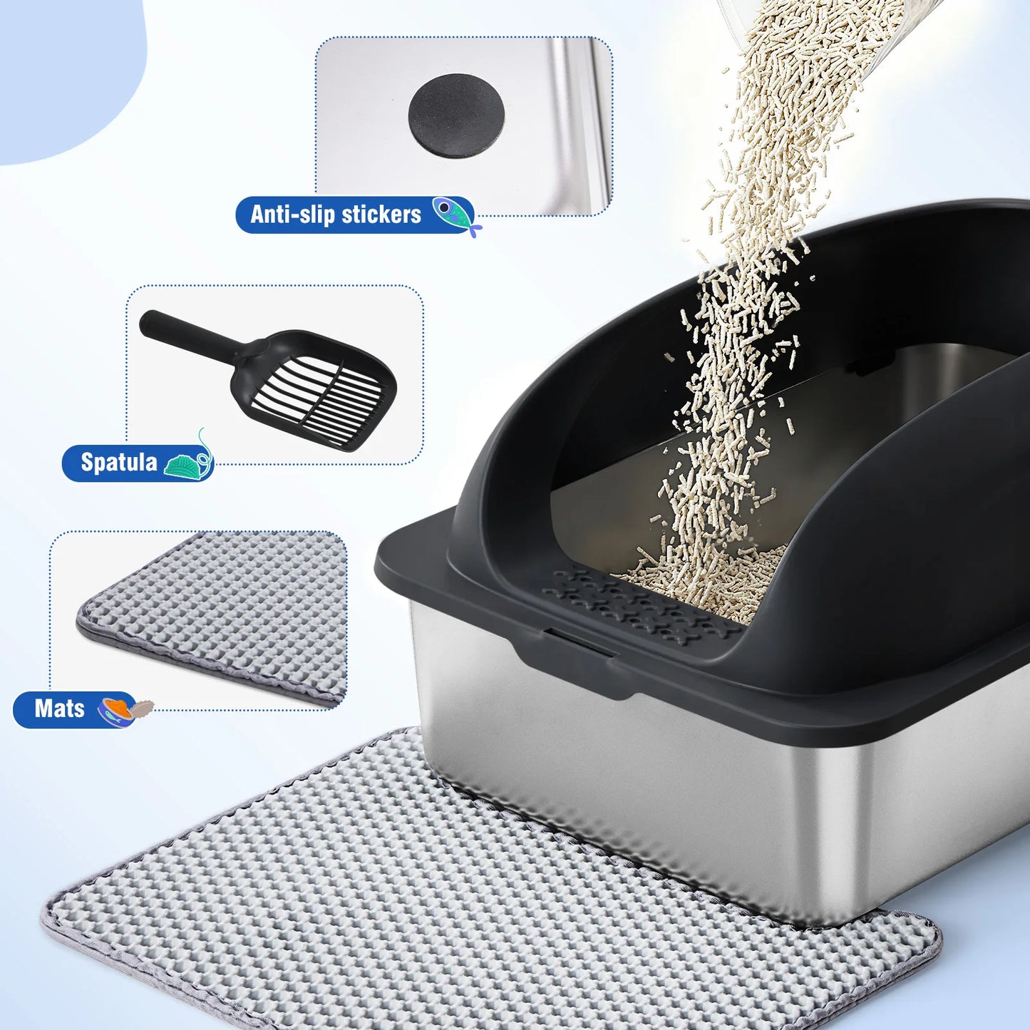 Stainless Steel Cat Litter Box With Lid Anti Leakage Includes Scoop And Mat