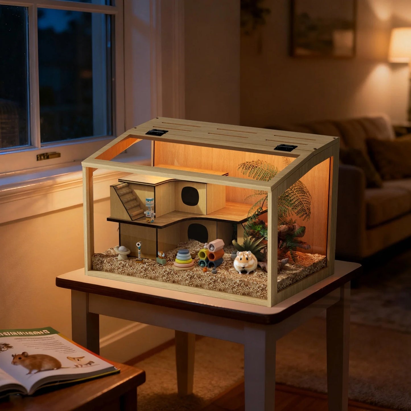 Wooden Small Pet Cage With Tempered Glass Panels And Led Light