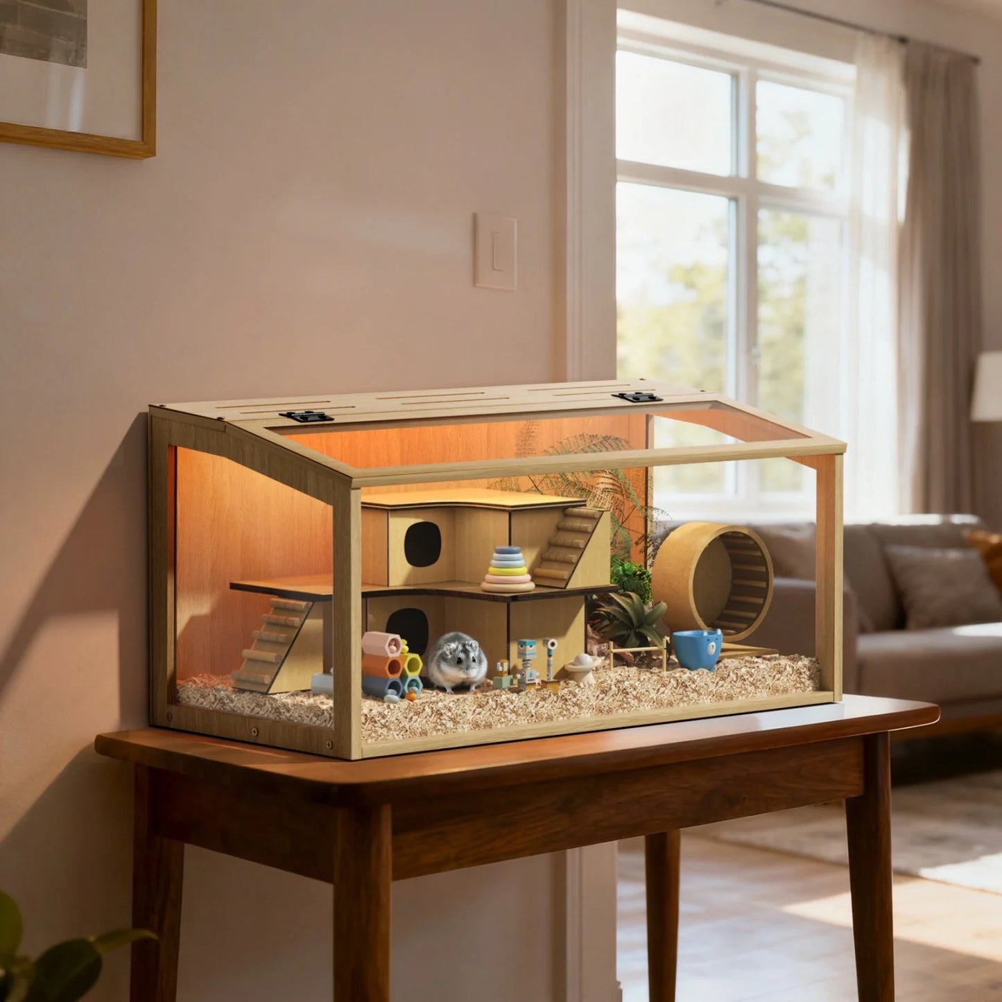 Natural Wooden Hamster Cage With LED Lighting Tabletop Pet Habitat