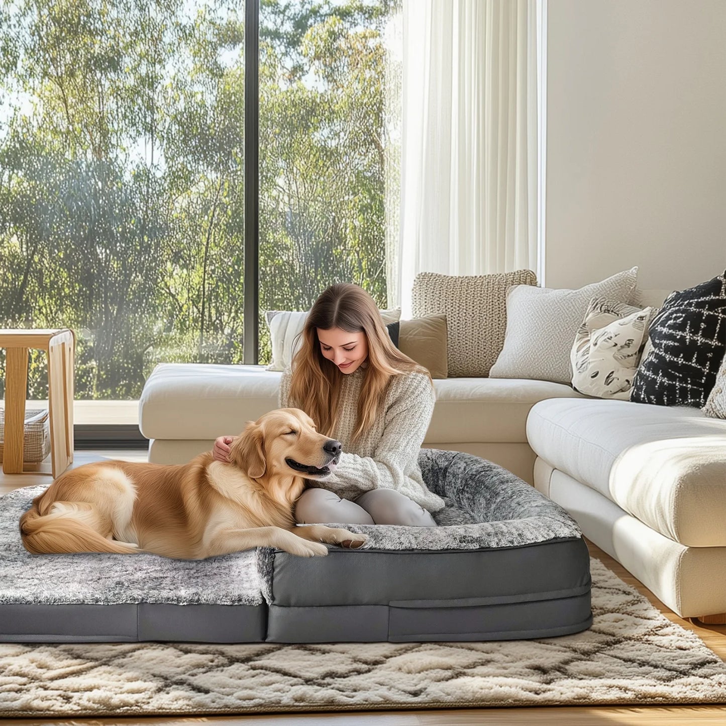 BINGOPAW Foldable Orthopedic Dog Bed With Plush Cushion And Bolster