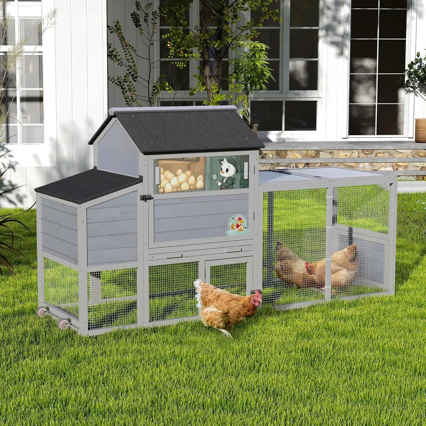 Large Wooden Chicken Coop With Wheels For Outdoors Openable Top
