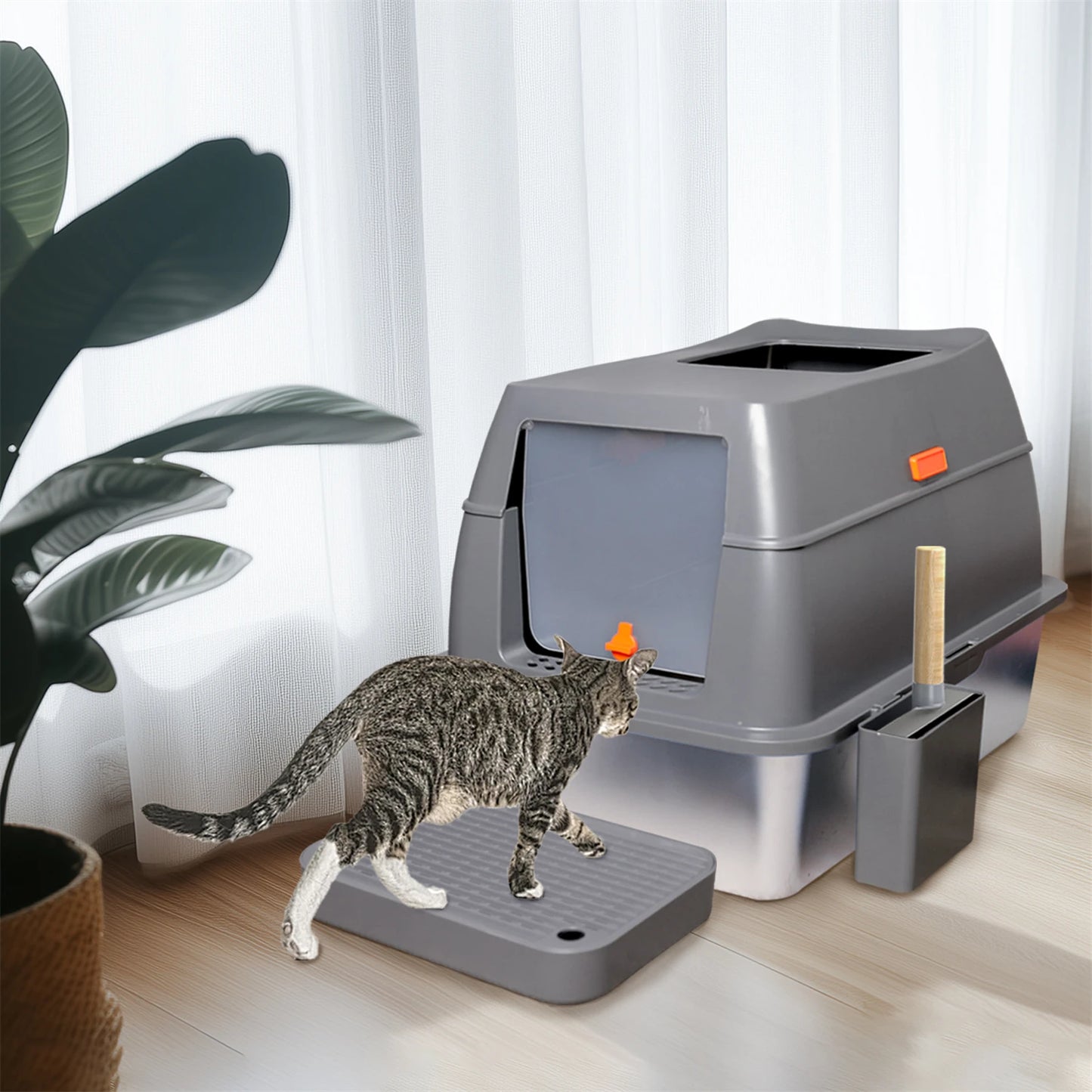 Enclosed Stainless Steel Cat Litter Box With Lid Odor Control