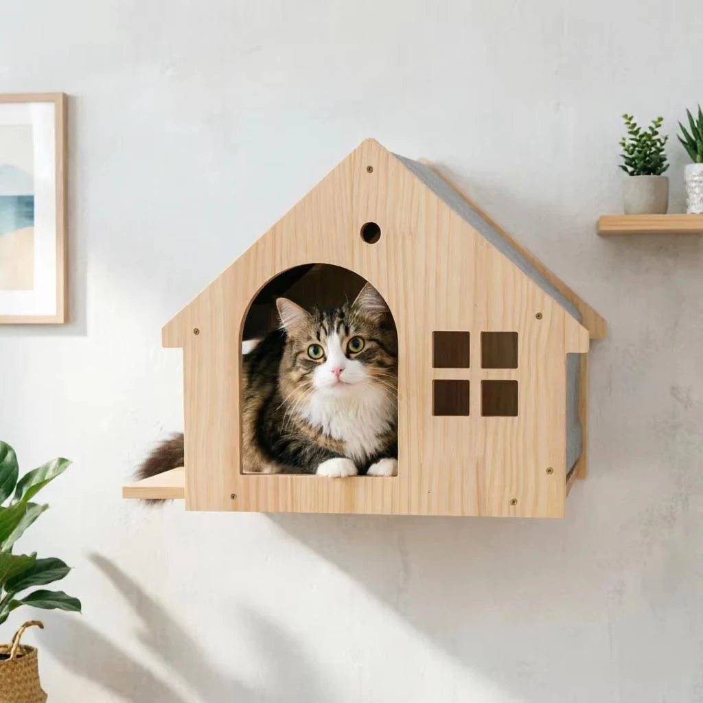 Wall Mounted Wooden Cat Villa Shelf Furniture For Sleeping