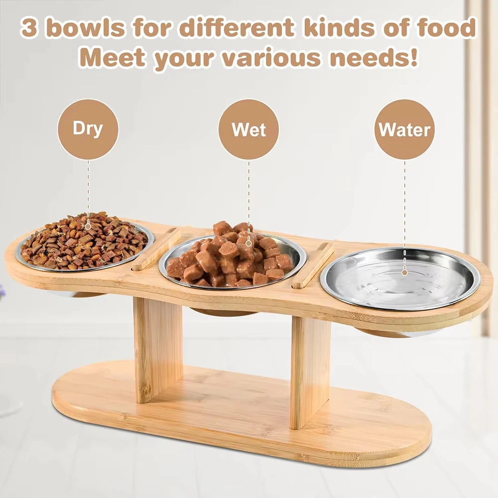 Elevated Cat Feeder With 3 Stainless Steel Bowls Wood Stand