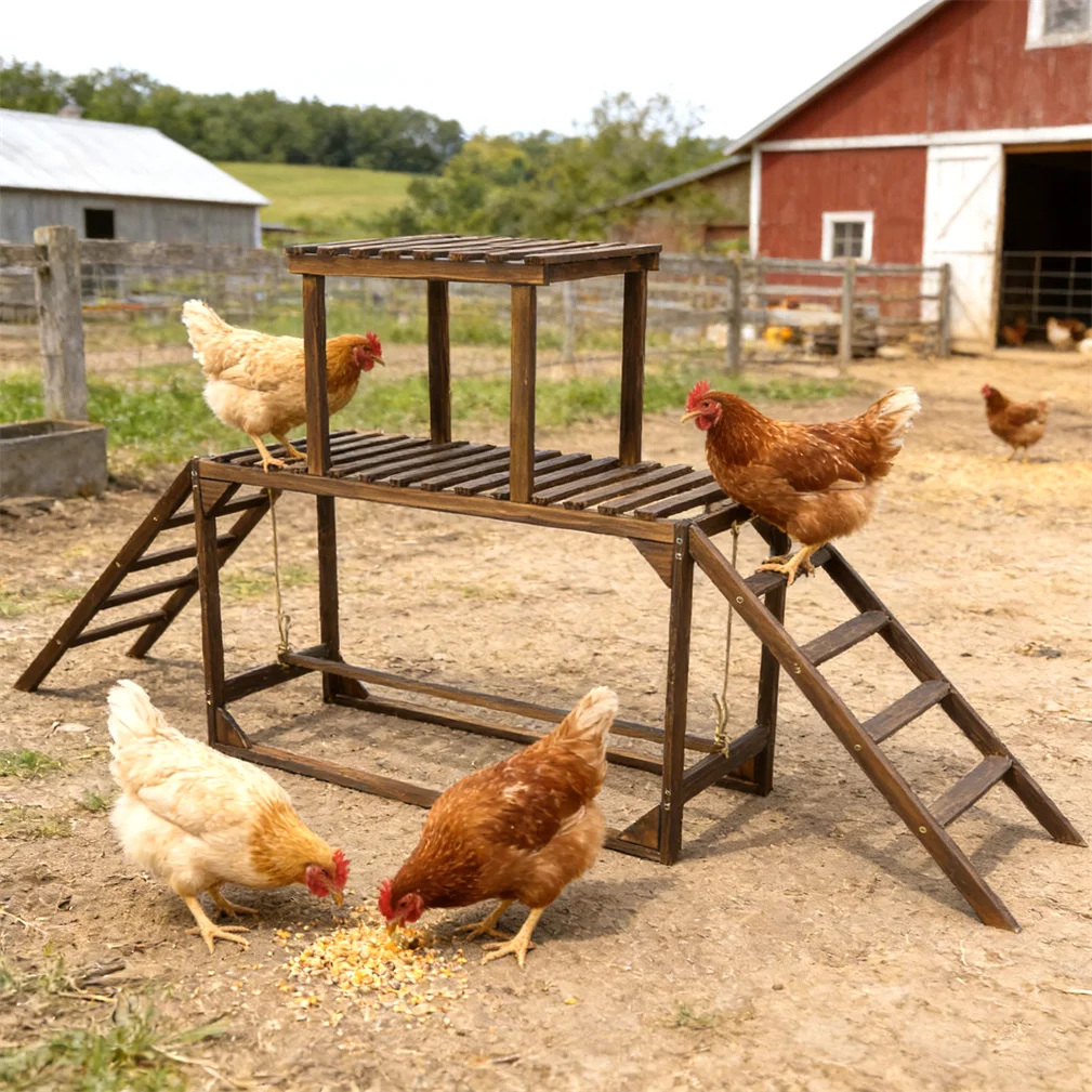 Pine Wood Chicken Perch Swing Coop Toy With Ladder Platform