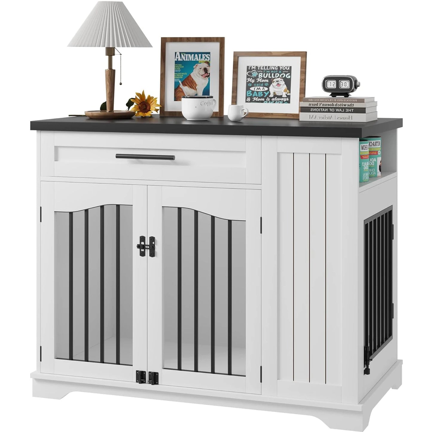 HiMISS Heavy Duty Wooden Dog Crate With Drawer Storage Feeding Station