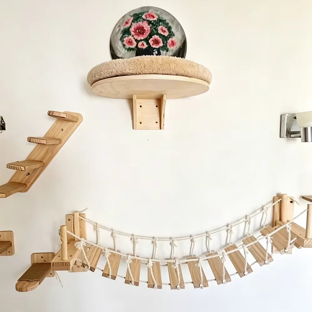 Wall Mounted Pine Wood Cat Bridge With Sisal Rope Steps