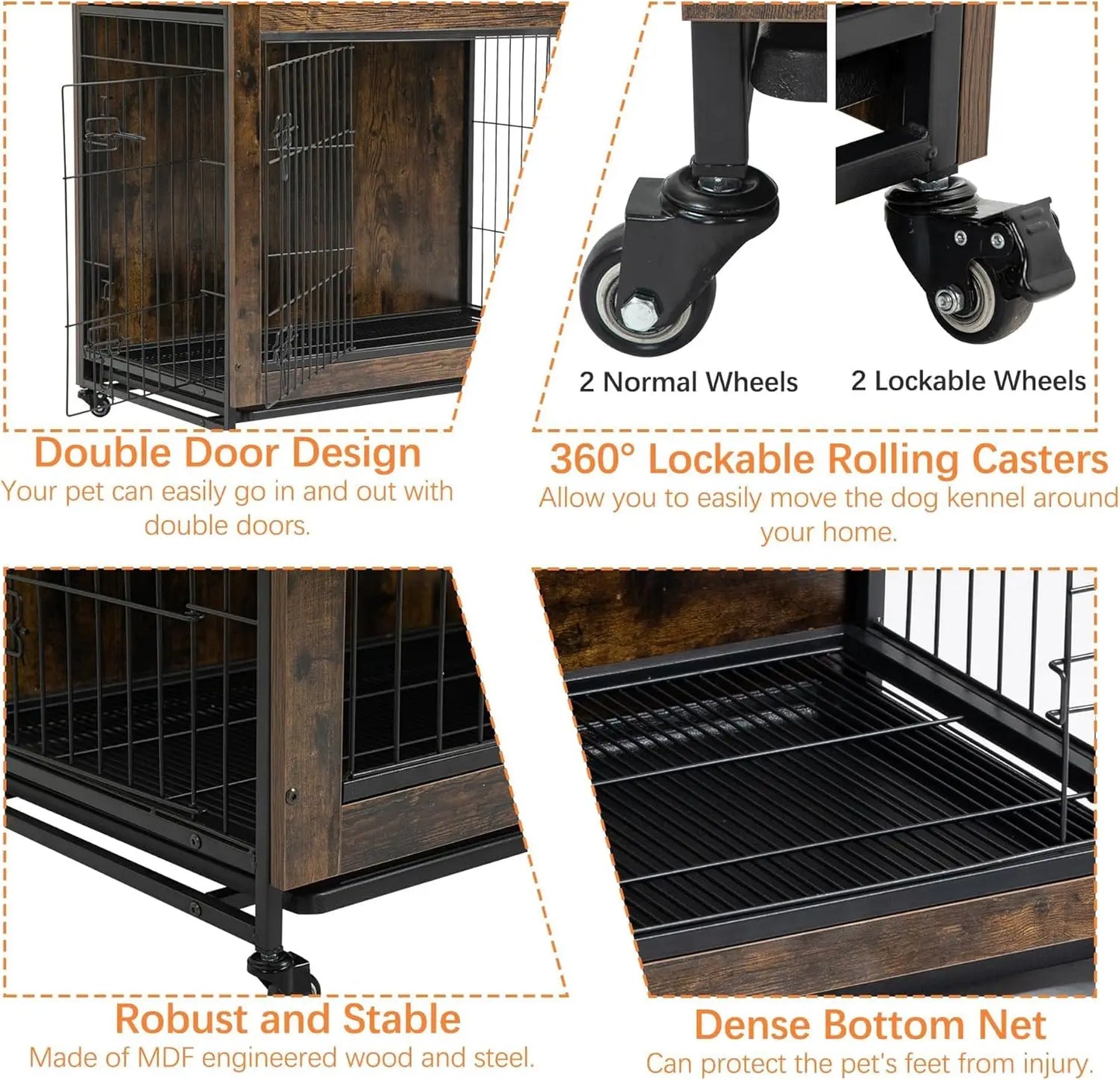 HiMISS Rustic Wood Metal Dog Crate End Table With Wheels