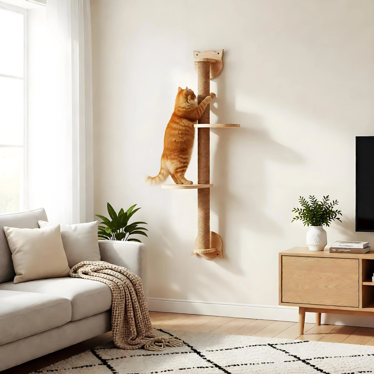 Sisal Wall Mounted Cat Tree Featuring Dual Perches And Hammock