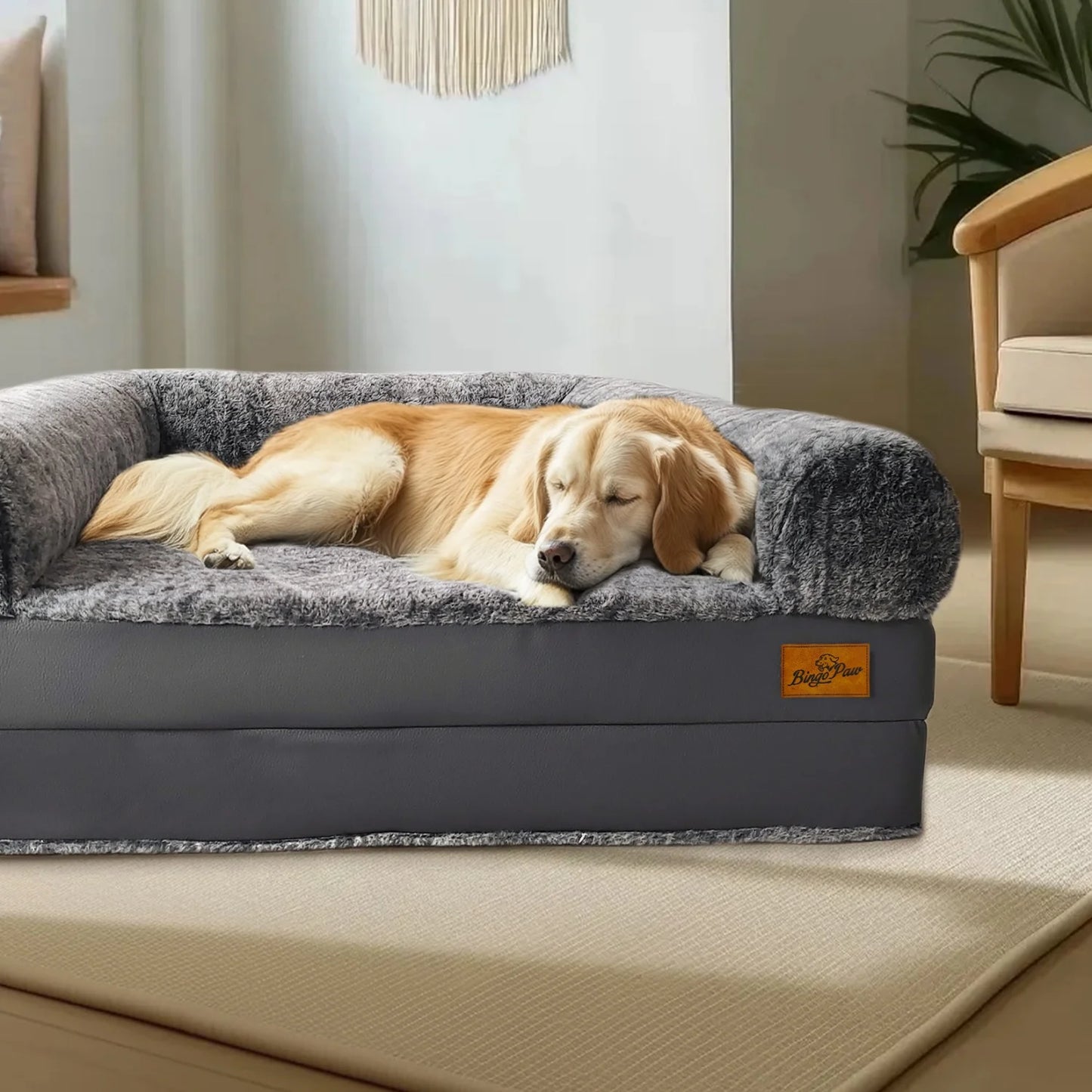 BINGOPAW Foldable Orthopedic Dog Bed With Plush Cushion And Bolster