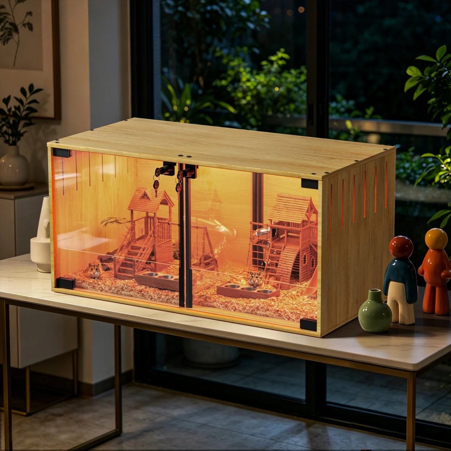 Wooden Small Animal Cage With Tempered Glass And Removable Divider