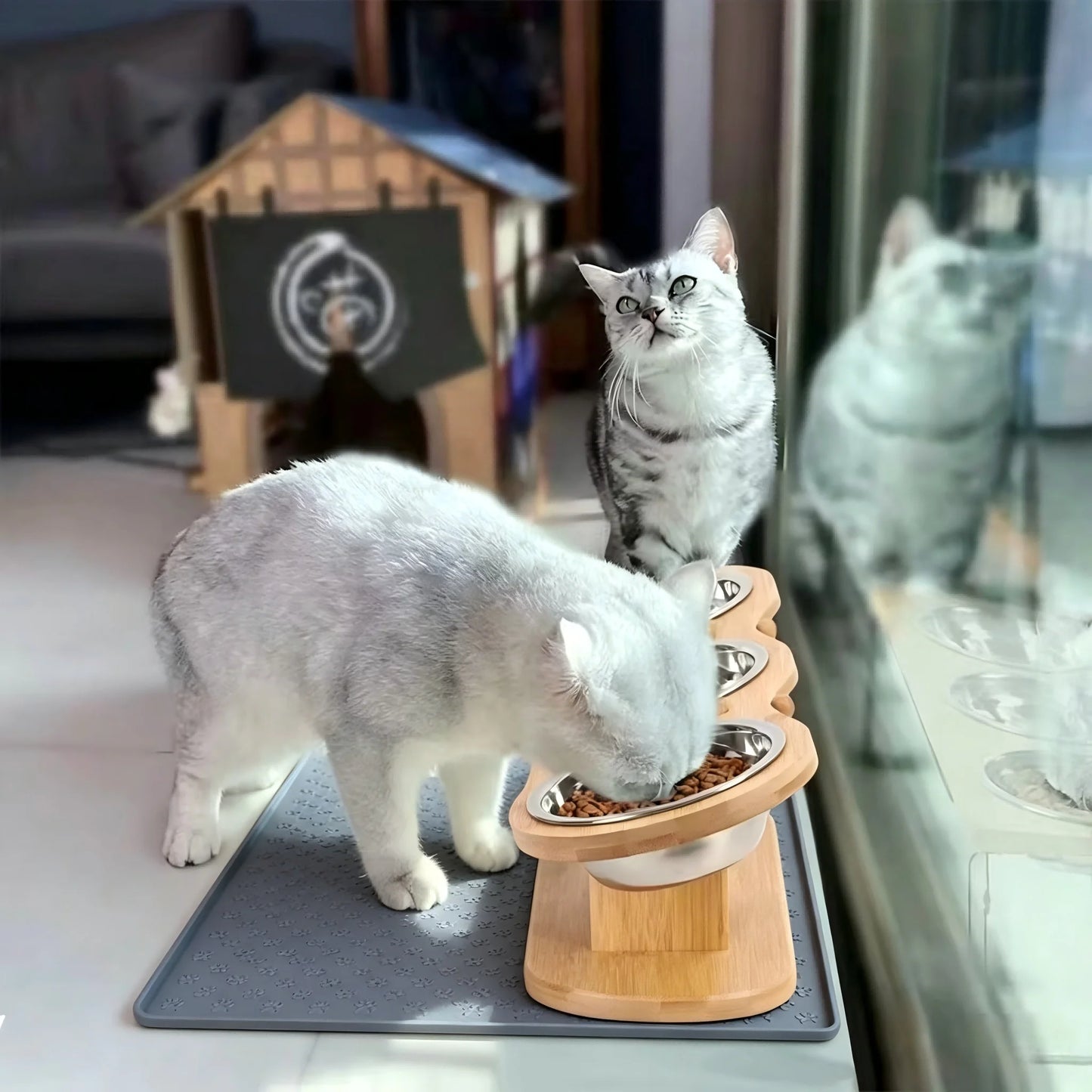 Elevated Cat Feeder With 3 Stainless Steel Bowls Wood Stand