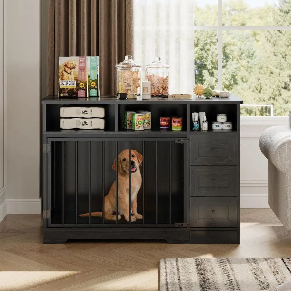 Farmhouse Heavy Duty Dog Crate End Table With Bowl And Drawers