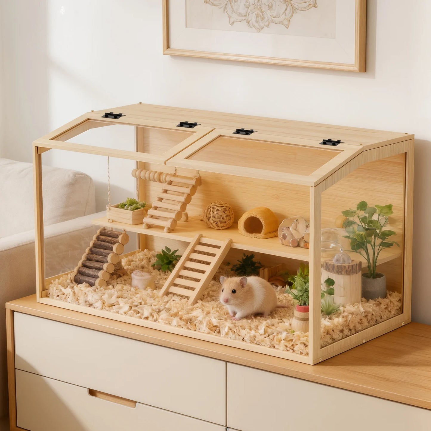 Wooden Small Pet Cage With Tempered Glass Panels And Led Light