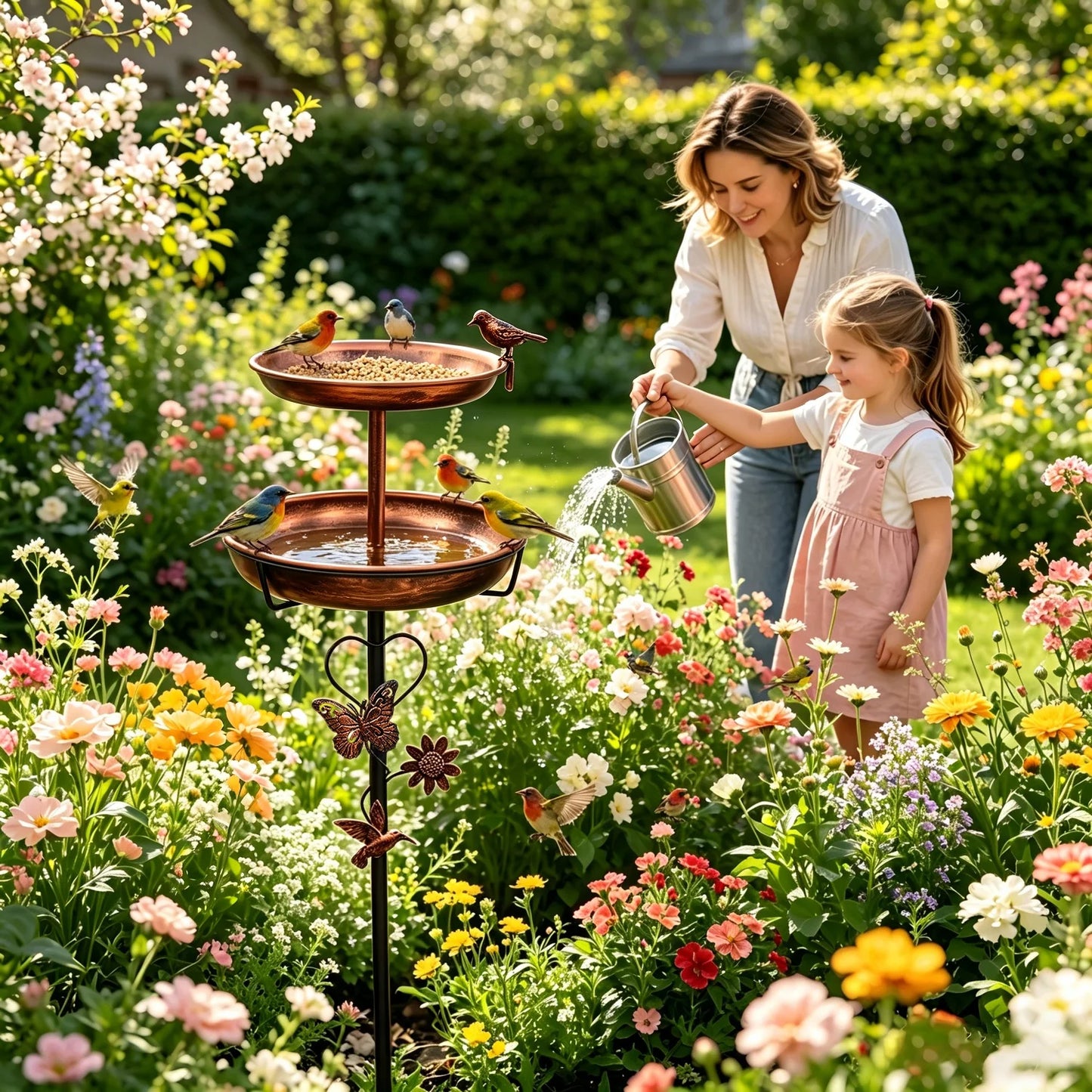 Copper Double Layer Bird Bath Stand For Outdoor Garden Decor