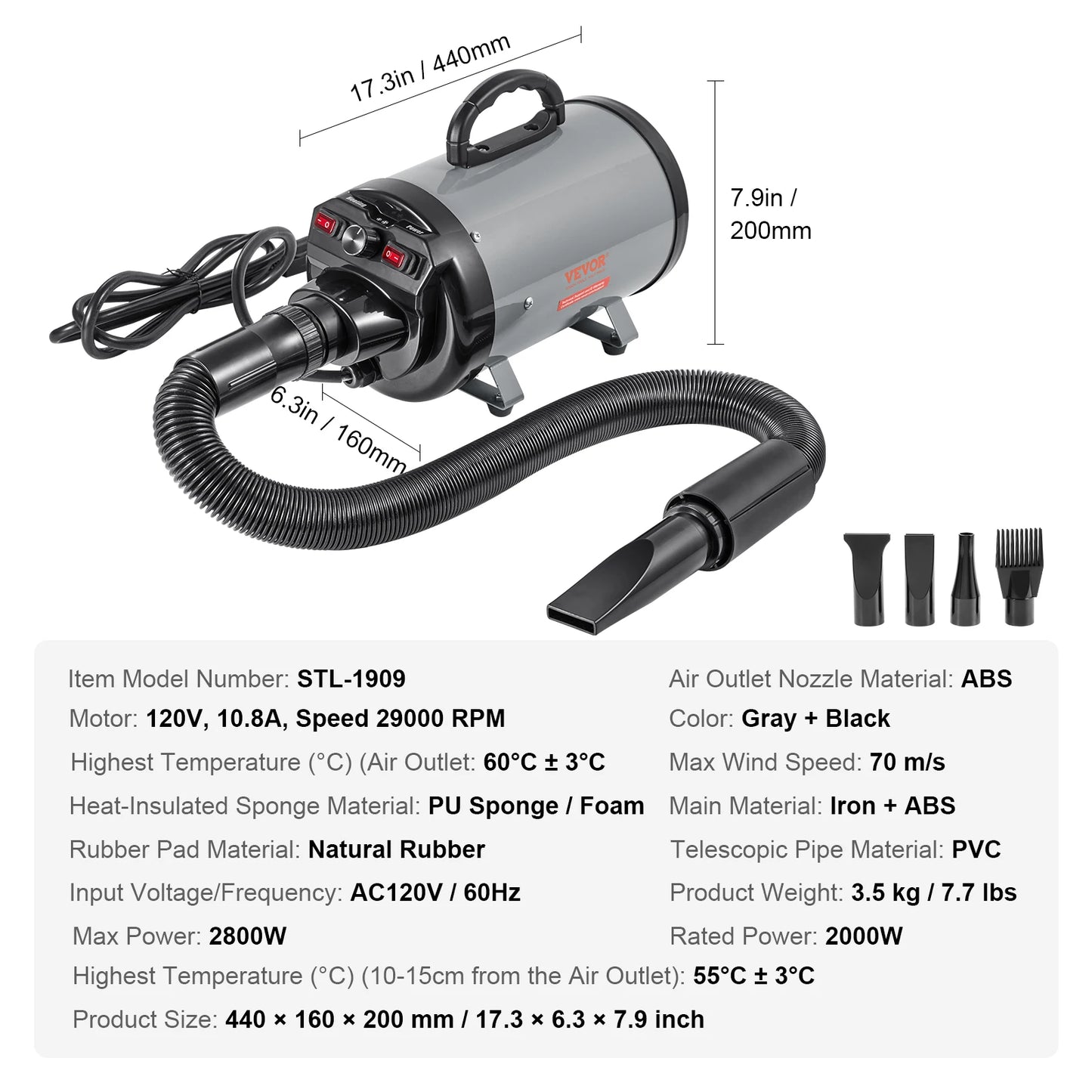 SucceBuy Dog Blow Dryer With Adjustable Temperature And 4 Nozzles