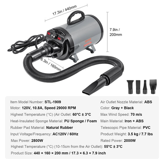 SucceBuy Dog Blow Dryer With Adjustable Temperature And 4 Nozzles