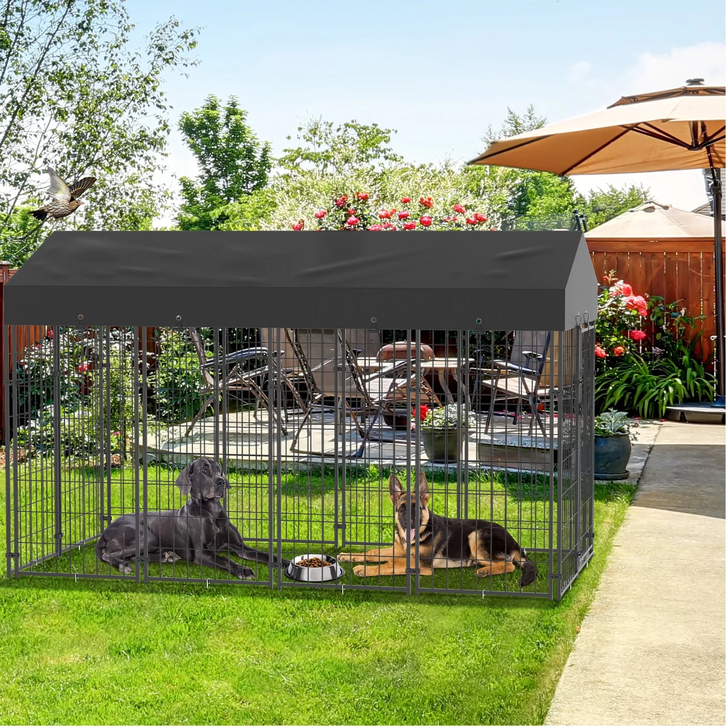 BINGOPAW Large Outdoor Dog Kennel Welded Wire Runs Canopy