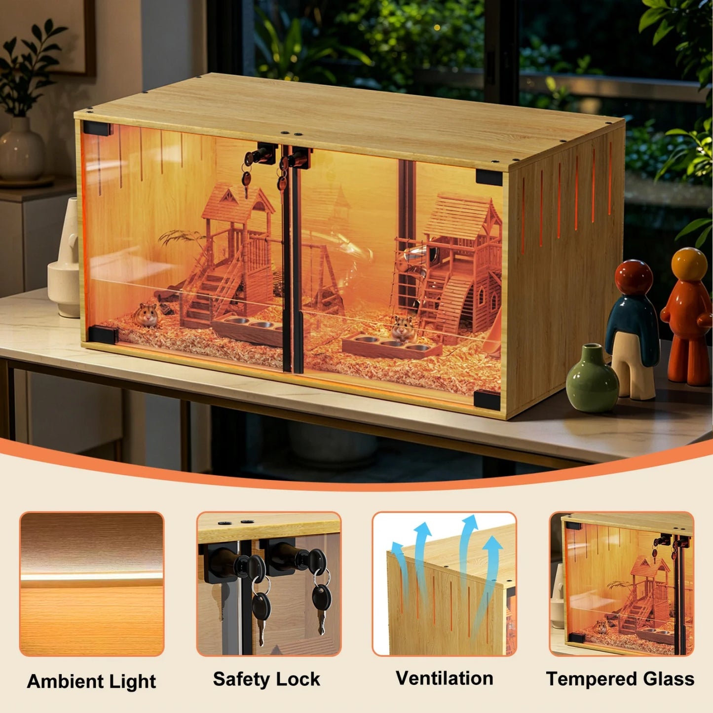 Wooden Small Animal Cage With Tempered Glass And Removable Divider