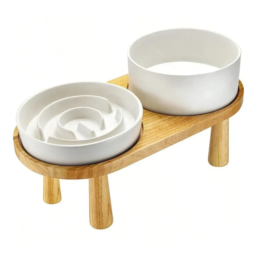 Dog Water Bowl Set With Slow Feeder And Wooden Stand
