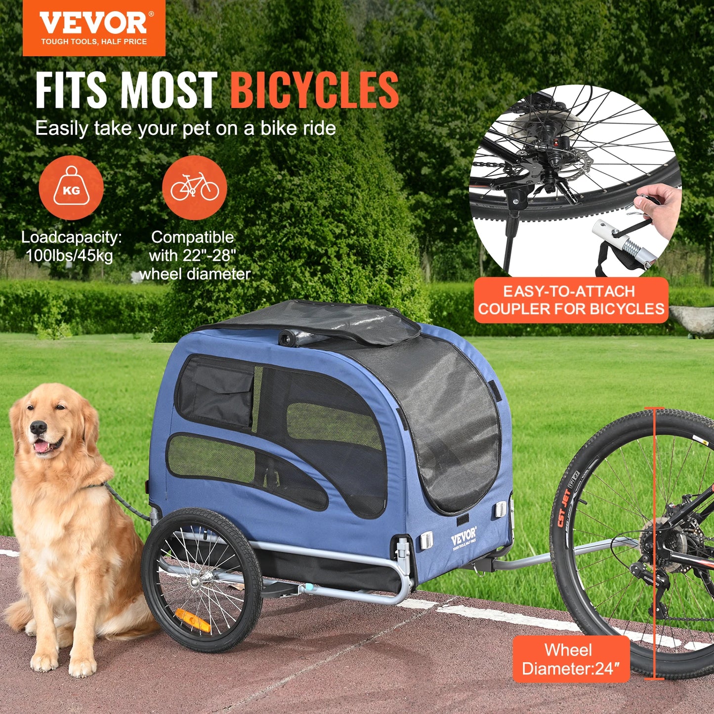 Pet Bike Trailer Carrier For Dogs, 100lb Capacity, Collapsible